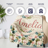 Classic Lotus Flower Pattern with Soft Pink Blooms and Green Leaves  Personalised Custom Name Super Soft Fleece Blanket Bed Sofa Throw