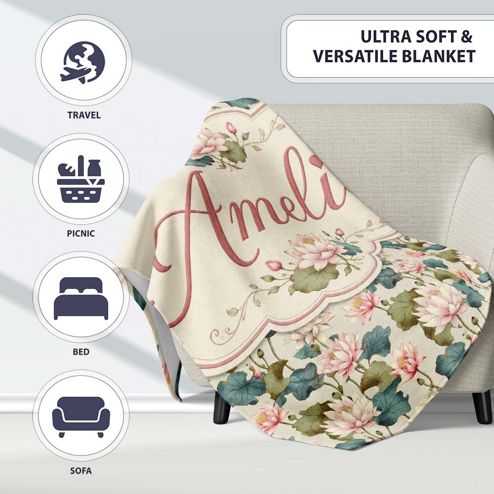 Classic Lotus Flower Pattern with Soft Pink Blooms and Green Leaves  Personalised Custom Name Super Soft Fleece Blanket Bed Sofa Throw