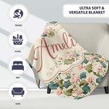 Classic Lotus Flower Pattern with Soft Pink Blooms and Green Leaves  Personalised Custom Name Super Soft Fleece Blanket Bed Sofa Throw