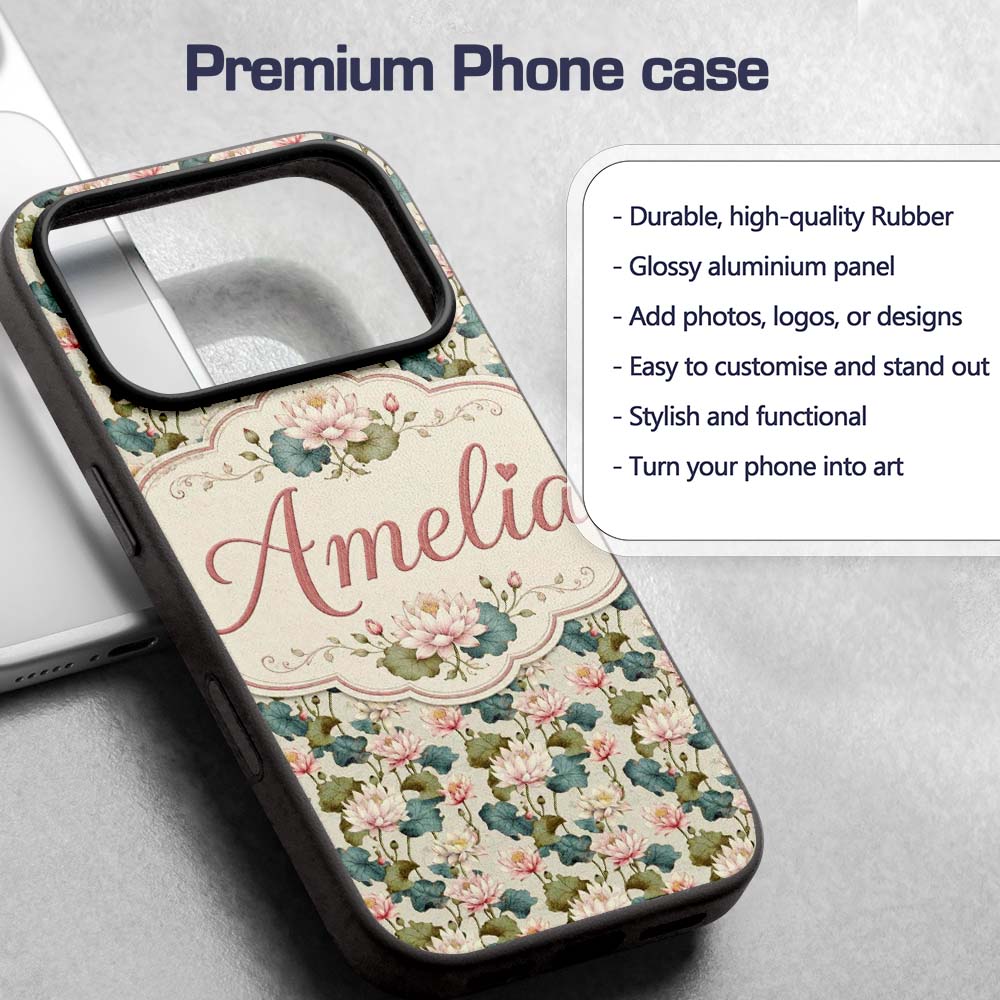 Classic Lotus Flower Pattern with Printed Design Custom Name Protective Phone Case Mobile Cover Durable Everyday Smartphone Shock Resistant