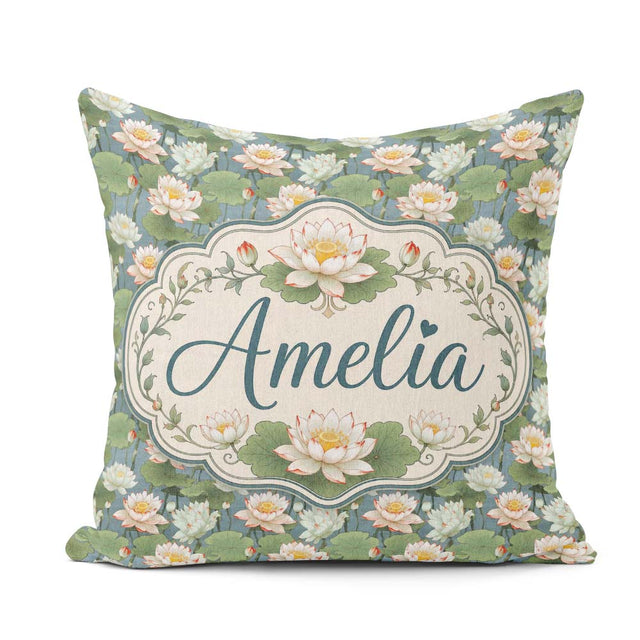 Custom Name Traditional Lotus Pond Floral Pattern with Calm Blue Square Filled Cushion Throw Pillow Sofa Bed Home Decor Zip Washable UK Made