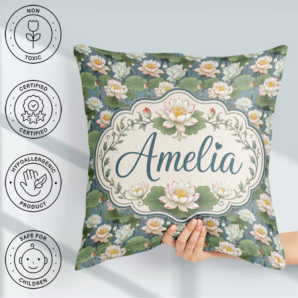 Custom Name Traditional Lotus Pond Floral Pattern with Calm Blue Square Filled Cushion Throw Pillow Sofa Bed Home Decor Zip Washable UK Made