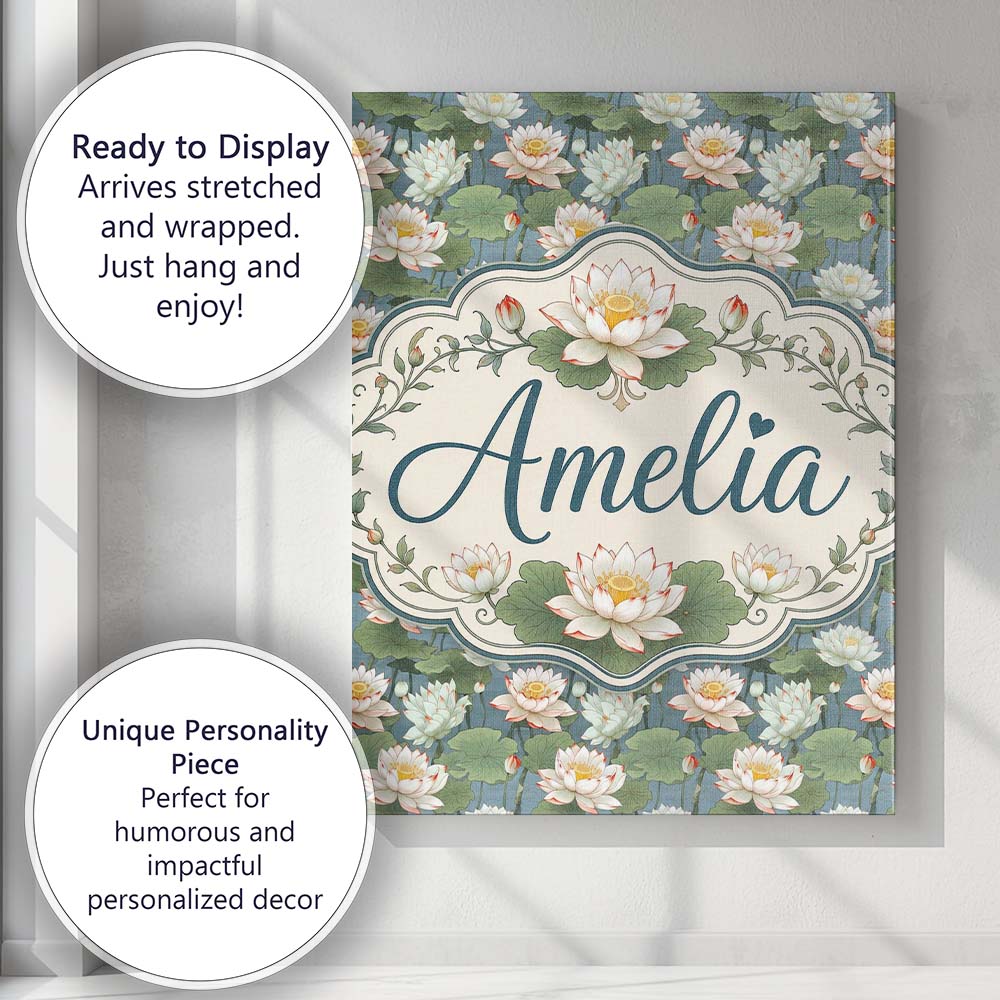 Personalised Name Traditional Lotus Pond Custom  Unique Gift Idea Elegant Feature Canvas Wall Art Print Decor Picture Ready to Hang