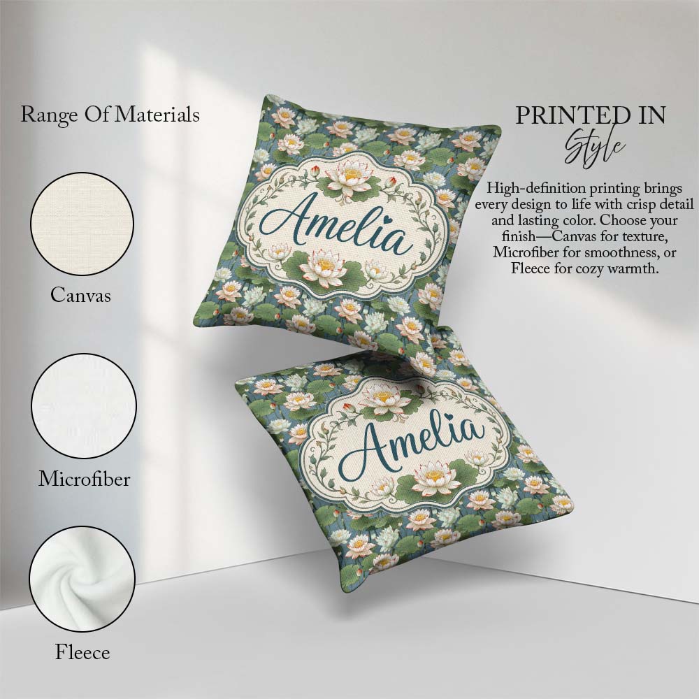 Custom Name Traditional Lotus Pond Floral Pattern with Calm Blue Square Filled Cushion Throw Pillow Sofa Bed Home Decor Zip Washable UK Made