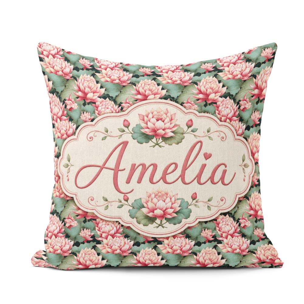 Custom Name Vibrant Pink Lotus Flowers on Dark Botanical Pattern Square Filled Cushion Throw Pillow Sofa Bed Home Decor Zip Washable UK Made