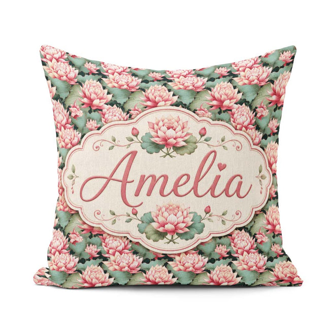 Custom Name Vibrant Pink Lotus Flowers on Dark Botanical Pattern Square Filled Cushion Throw Pillow Sofa Bed Home Decor Zip Washable UK Made