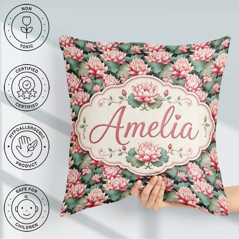Custom Name Vibrant Pink Lotus Flowers on Dark Botanical Pattern Square Filled Cushion Throw Pillow Sofa Bed Home Decor Zip Washable UK Made