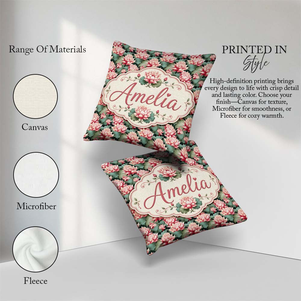 Custom Name Vibrant Pink Lotus Flowers on Dark Botanical Pattern Square Filled Cushion Throw Pillow Sofa Bed Home Decor Zip Washable UK Made
