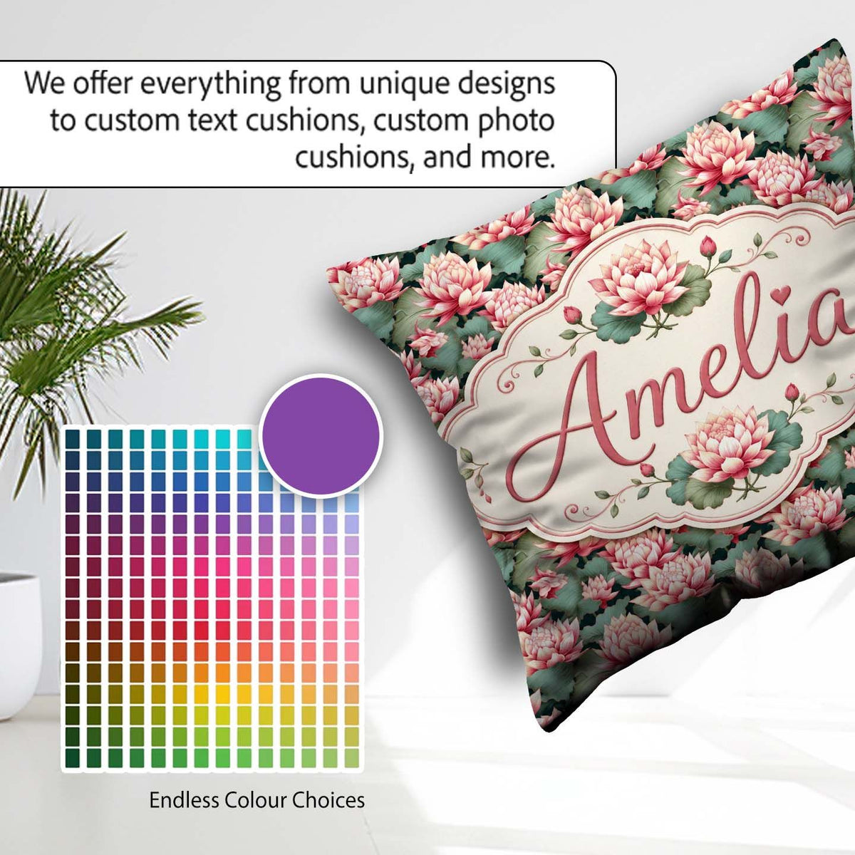Custom Name Vibrant Pink Lotus Flowers on Dark Botanical Pattern Square Filled Cushion Throw Pillow Sofa Bed Home Decor Zip Washable UK Made