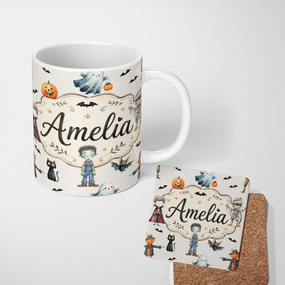 Personalized Custom Name Halloween Zombie Mummy Vampire Bat Spooky Light Grey Seamless 11oz Ceramic Coffee Tea Mug White Large Handle