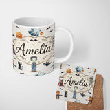 Personalized Custom Name Halloween Zombie Mummy Vampire Bat Spooky Light Grey Seamless 11oz Ceramic Coffee Tea Mug White Large Handle