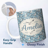 Personalized Custom Name Realistic Seagulls Over Blue Sea Waves Seamless Pattern Lovely 11oz Ceramic Coffee Tea Mug White Large Handle