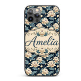 Cream Lotus Flowers on Deep Navy Background with Custom Name Protective Phone Case Mobile Cover Durable Everyday Smartphone Shock Resistant