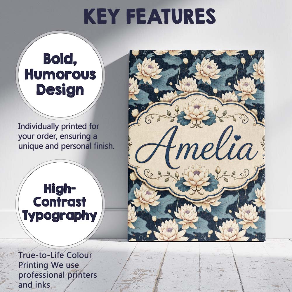 Personalised Name Cream Lotus Flowers on Custom  Unique Gift Idea Elegant Feature Canvas Wall Art Print Decor Picture Ready to Hang