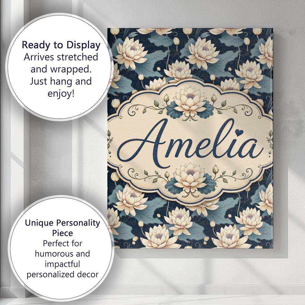 Personalised Name Cream Lotus Flowers on Custom  Unique Gift Idea Elegant Feature Canvas Wall Art Print Decor Picture Ready to Hang