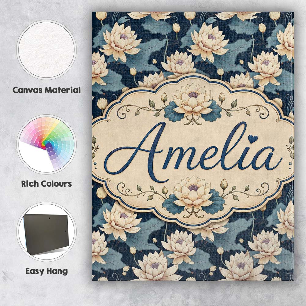 Personalised Name Cream Lotus Flowers on Custom  Unique Gift Idea Elegant Feature Canvas Wall Art Print Decor Picture Ready to Hang