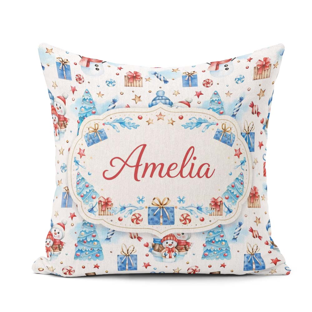 Custom Name Snowman Christmas Gifts Candy Winter Seamless Design Square Filled Cushion Throw Pillow Sofa Bed Home Decor Zip Washable UK Made