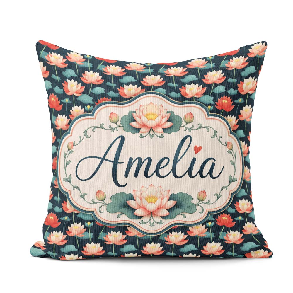 Custom Name Bright Coral Lotus Floral Pattern with Modern Style Square Filled Cushion Throw Pillow Sofa Bed Home Decor Zip Washable UK Made