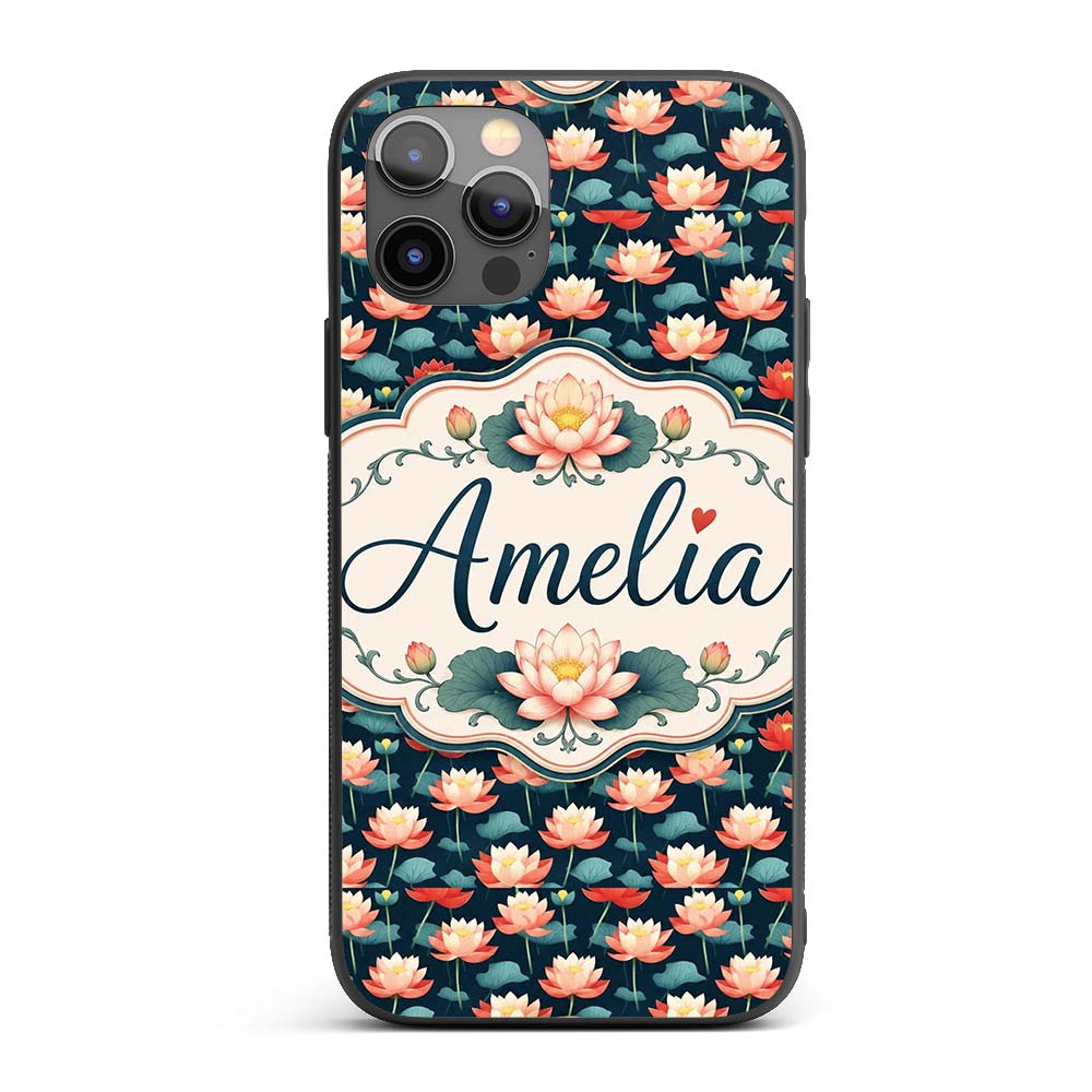 Bright Coral Lotus Floral Pattern with Modern Custom Name Protective Phone Case Mobile Cover Durable Everyday Smartphone Shock Resistant