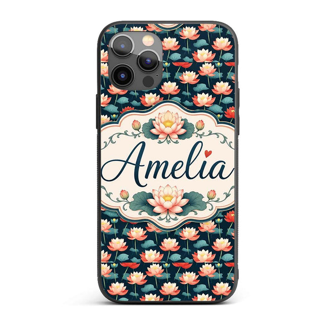 Bright Coral Lotus Floral Pattern with Modern Custom Name Protective Phone Case Mobile Cover Durable Everyday Smartphone Shock Resistant