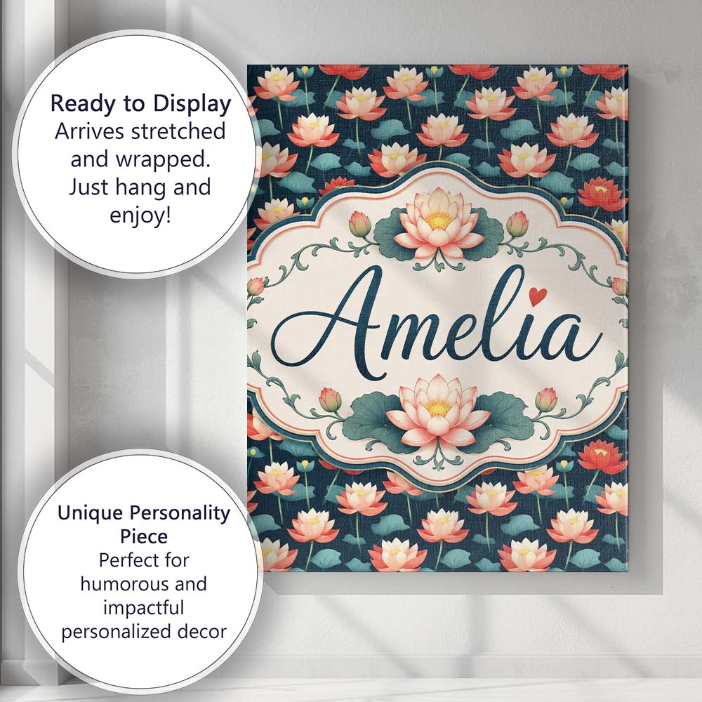 Personalised Name Bright Coral Lotus Floral Custom  Bespoke Interior Contemporary Canvas Wall Art Print Decor Picture Ready to Hang