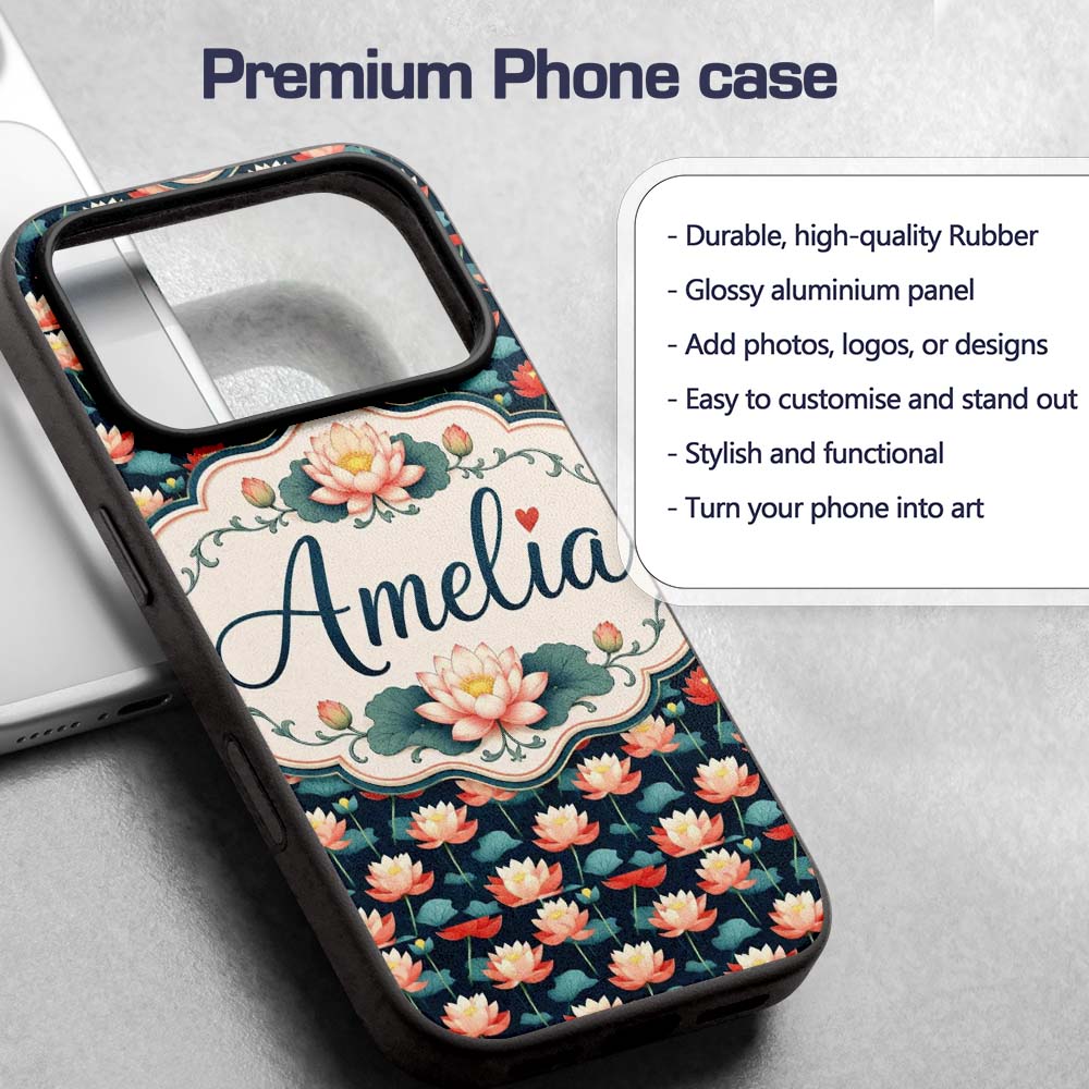 Bright Coral Lotus Floral Pattern with Modern Custom Name Protective Phone Case Mobile Cover Durable Everyday Smartphone Shock Resistant