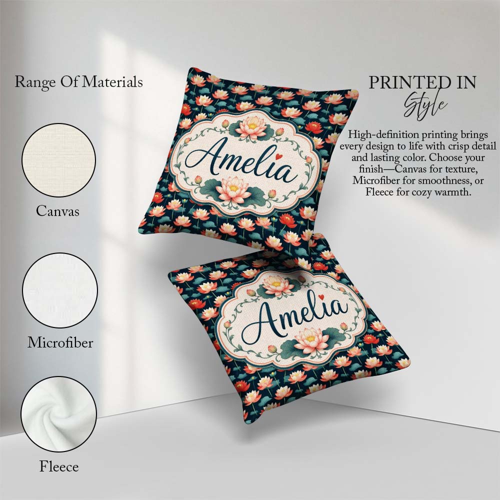 Custom Name Bright Coral Lotus Floral Pattern with Modern Style Square Filled Cushion Throw Pillow Sofa Bed Home Decor Zip Washable UK Made