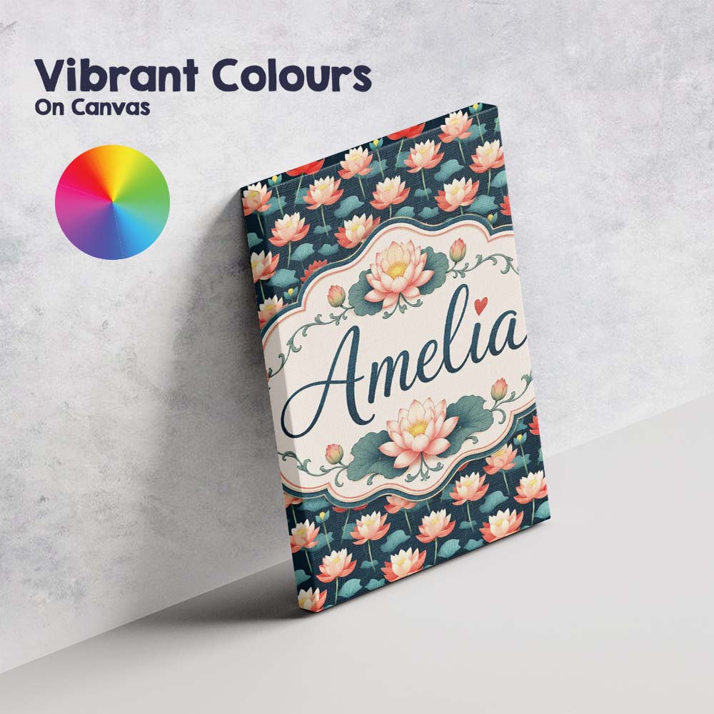 Personalised Name Bright Coral Lotus Floral Custom  Bespoke Interior Contemporary Canvas Wall Art Print Decor Picture Ready to Hang
