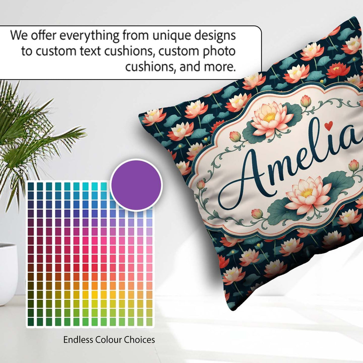 Custom Name Bright Coral Lotus Floral Pattern with Modern Style Square Filled Cushion Throw Pillow Sofa Bed Home Decor Zip Washable UK Made