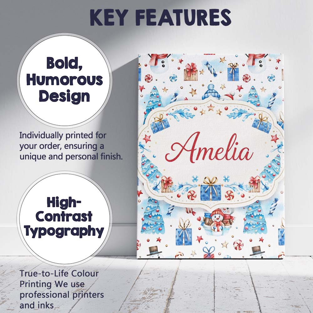 Personalised Name Cute Snowman Christmas Pattern Gifts Candy Winter Custom Canvas Wall Art Print Decor Picture Ready to Hang