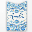 Detailed Blue Floral Pattern with Ornamental Botanical Motifs Lovely  Personalised Custom Name Super Soft Fleece Blanket Bed Sofa Throw