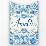 Detailed Blue Floral Pattern with Ornamental Botanical Motifs Lovely  Personalised Custom Name Super Soft Fleece Blanket Bed Sofa Throw