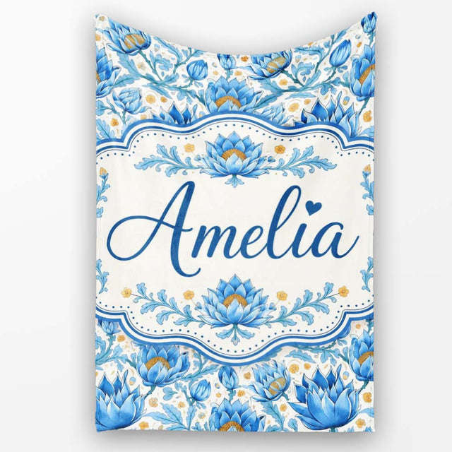 Detailed Blue Floral Pattern with Ornamental Botanical Motifs Lovely  Personalised Custom Name Super Soft Fleece Blanket Bed Sofa Throw