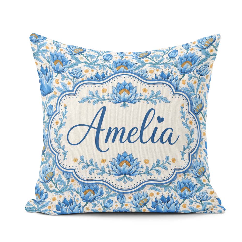 Custom Name Blue Floral Pattern with Ornamental Botanical Motifs Square Filled Cushion Throw Pillow Sofa Bed Home Decor Zip Washable UK Made