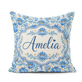 Custom Name Blue Floral Pattern with Ornamental Botanical Motifs Square Filled Cushion Throw Pillow Sofa Bed Home Decor Zip Washable UK Made