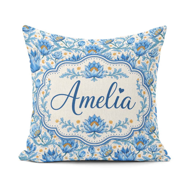 Custom Name Blue Floral Pattern with Ornamental Botanical Motifs Square Filled Cushion Throw Pillow Sofa Bed Home Decor Zip Washable UK Made