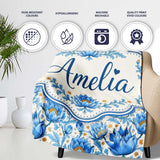 Detailed Blue Floral Pattern with Ornamental Botanical Motifs Lovely  Personalised Custom Name Super Soft Fleece Blanket Bed Sofa Throw