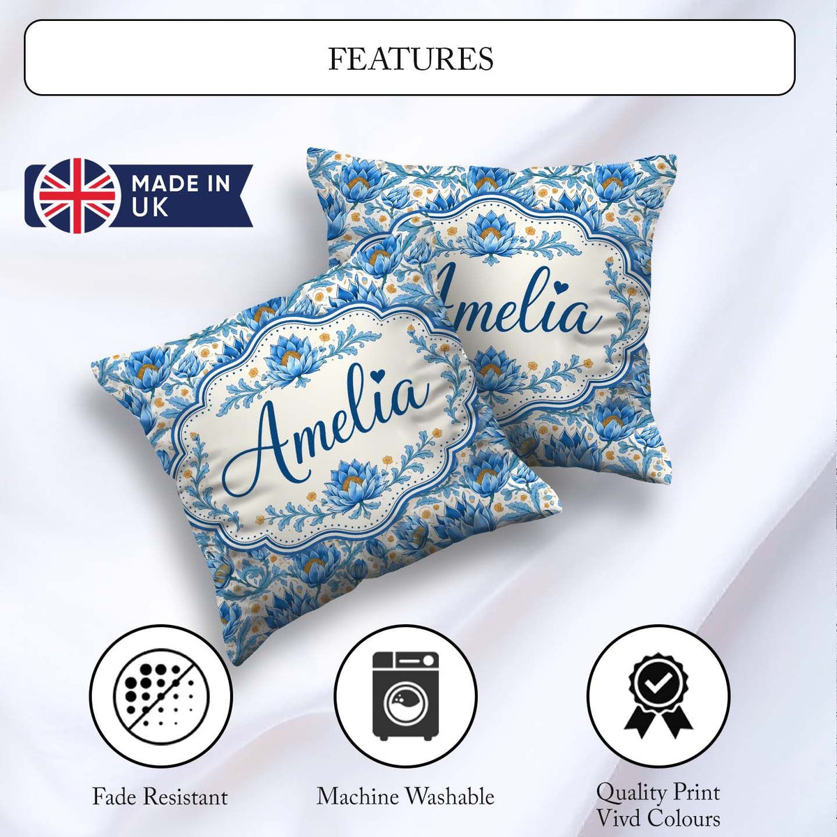 Custom Name Blue Floral Pattern with Ornamental Botanical Motifs Square Filled Cushion Throw Pillow Sofa Bed Home Decor Zip Washable UK Made