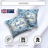 Custom Name Blue Floral Pattern with Ornamental Botanical Motifs Square Filled Cushion Throw Pillow Sofa Bed Home Decor Zip Washable UK Made