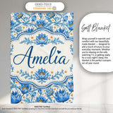 Detailed Blue Floral Pattern with Ornamental Botanical Motifs Lovely  Personalised Custom Name Super Soft Fleece Blanket Bed Sofa Throw