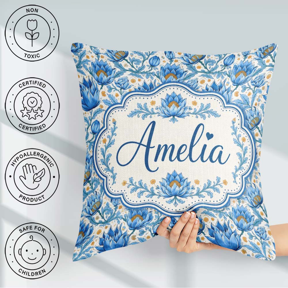 Custom Name Blue Floral Pattern with Ornamental Botanical Motifs Square Filled Cushion Throw Pillow Sofa Bed Home Decor Zip Washable UK Made