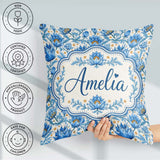Custom Name Blue Floral Pattern with Ornamental Botanical Motifs Square Filled Cushion Throw Pillow Sofa Bed Home Decor Zip Washable UK Made