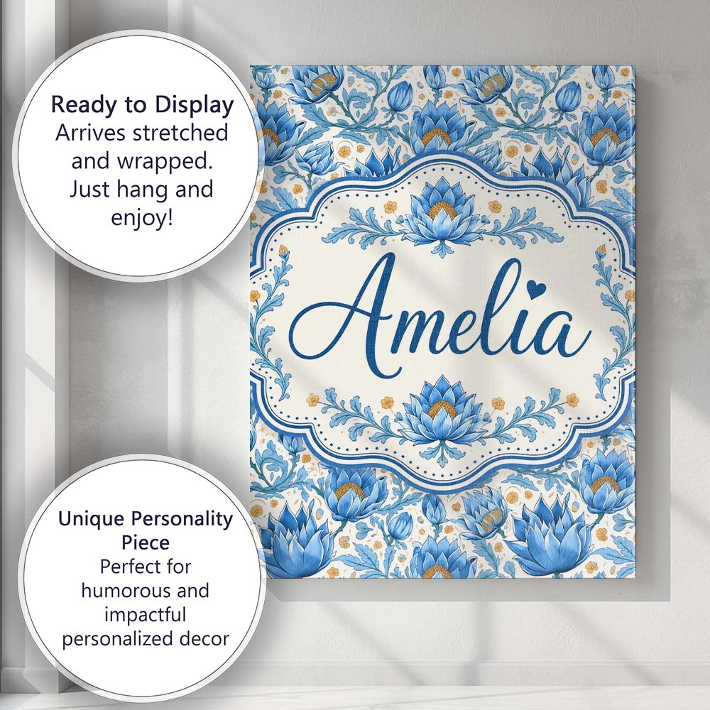 Personalised Name Detailed Blue Floral Custom  Modern Room Accent Elegant Feature Canvas Wall Art Print Decor Picture Ready to Hang