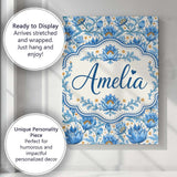 Personalised Name Detailed Blue Floral Custom  Modern Room Accent Elegant Feature Canvas Wall Art Print Decor Picture Ready to Hang
