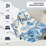 Detailed Blue Floral Pattern with Ornamental Botanical Motifs Lovely  Personalised Custom Name Super Soft Fleece Blanket Bed Sofa Throw
