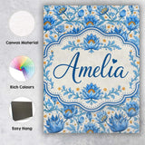 Personalised Name Detailed Blue Floral Custom  Modern Room Accent Elegant Feature Canvas Wall Art Print Decor Picture Ready to Hang