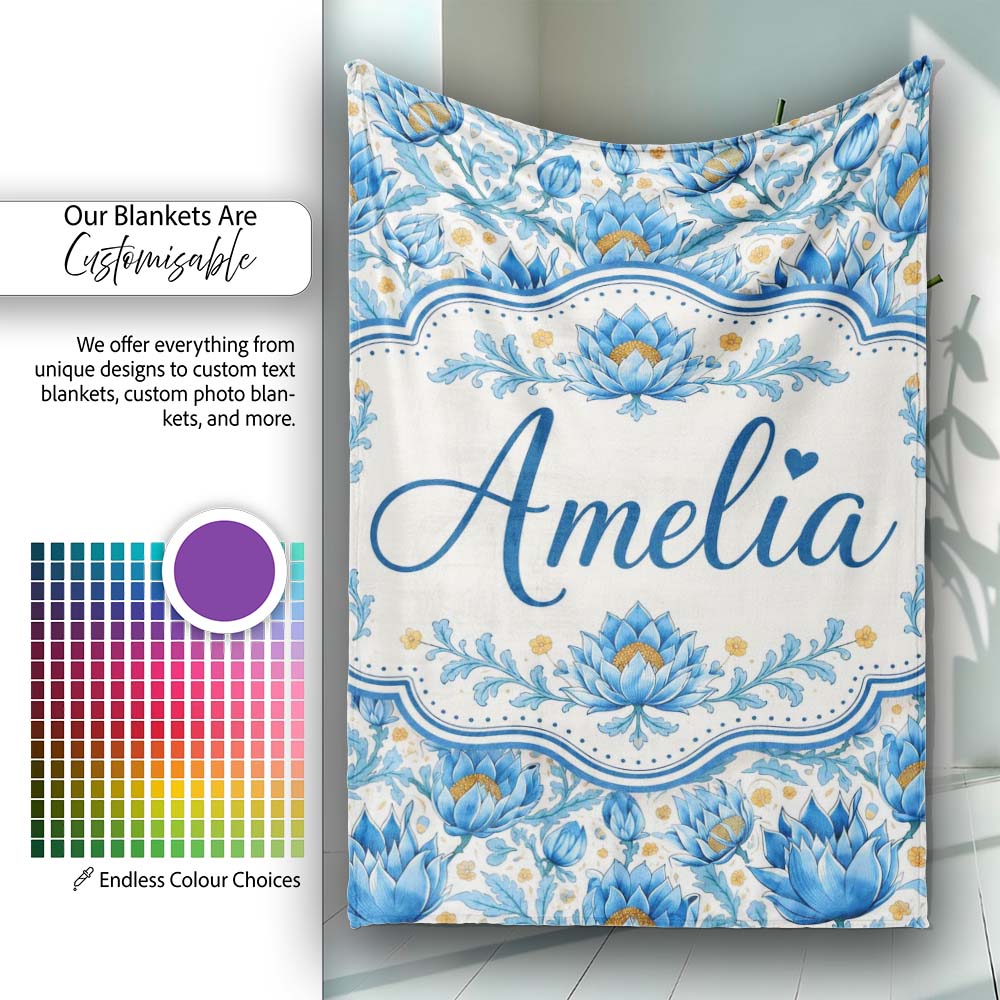 Detailed Blue Floral Pattern with Ornamental Botanical Motifs Lovely  Personalised Custom Name Super Soft Fleece Blanket Bed Sofa Throw