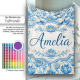 Detailed Blue Floral Pattern with Ornamental Botanical Motifs Lovely  Personalised Custom Name Super Soft Fleece Blanket Bed Sofa Throw