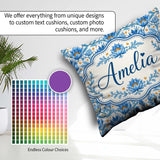 Custom Name Blue Floral Pattern with Ornamental Botanical Motifs Square Filled Cushion Throw Pillow Sofa Bed Home Decor Zip Washable UK Made