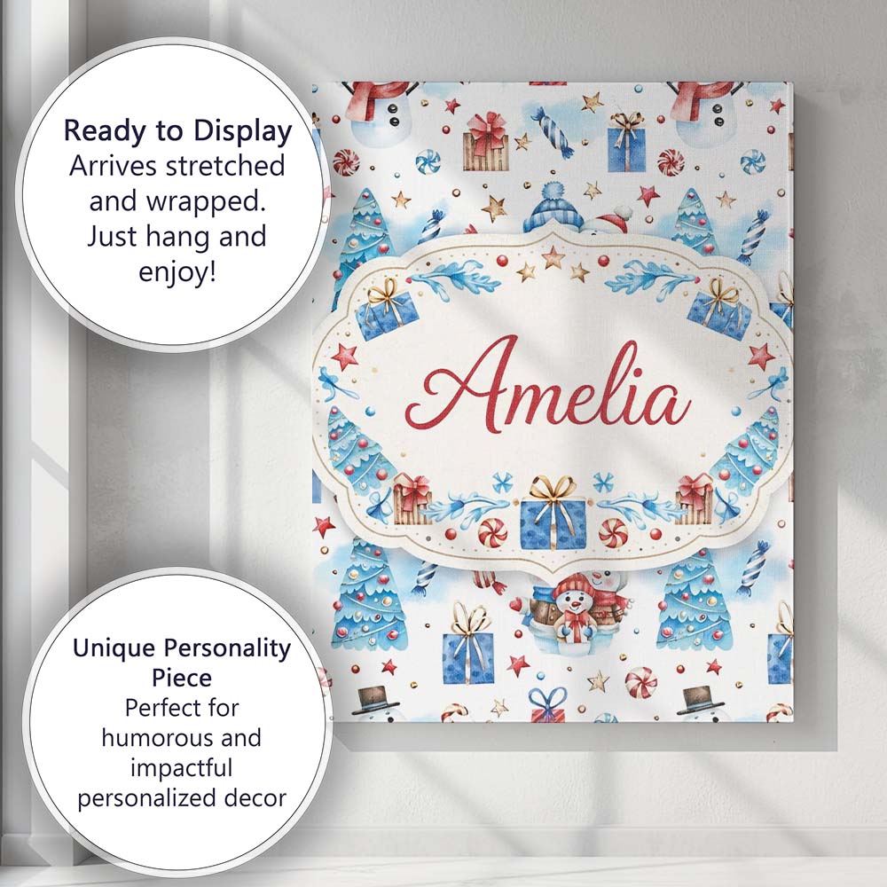 Personalised Name Cute Snowman Christmas Pattern Gifts Candy Winter Custom Canvas Wall Art Print Decor Picture Ready to Hang